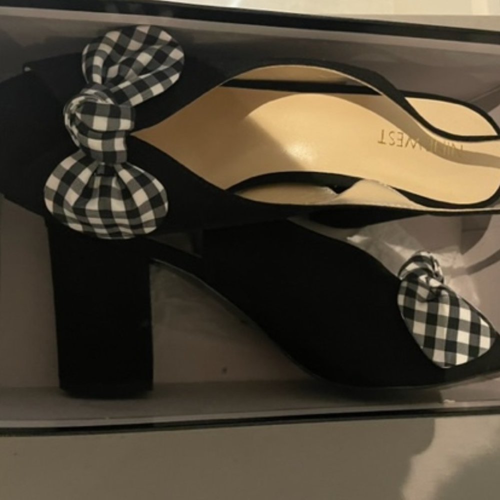 Nine West Black Gingham Open toe Wedge heel Sandals 8.5M